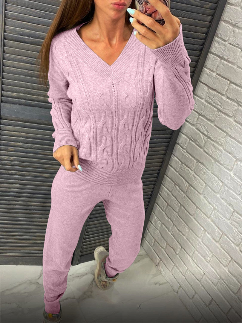Damen gemütlicher Strickanzug mit V-Ausschnitt und Zopfdesign R&B