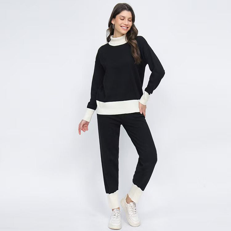 Damen komfortables Strick-Loungewear-Set mit hohem Kragen und elastischen Bündchen R&B