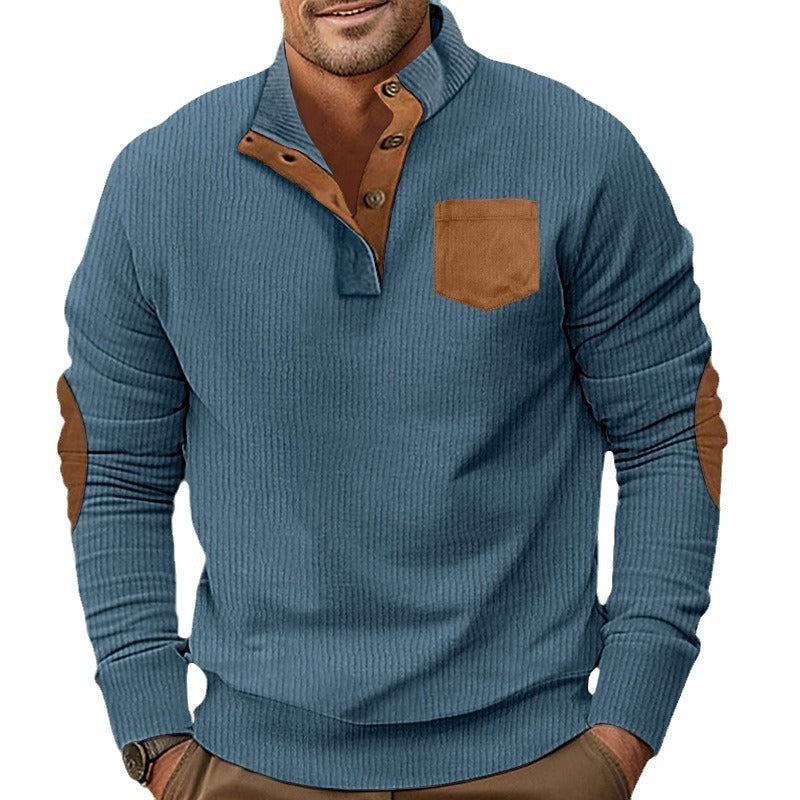Herren eleganter Strickpullover mit Knopfleiste und kontrastierenden Ellbogenpatches R&B