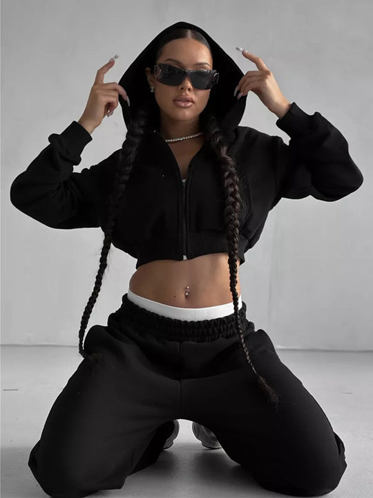 Damen Sportliches Zipper Hoodie und weite Jogginghose Set R&B