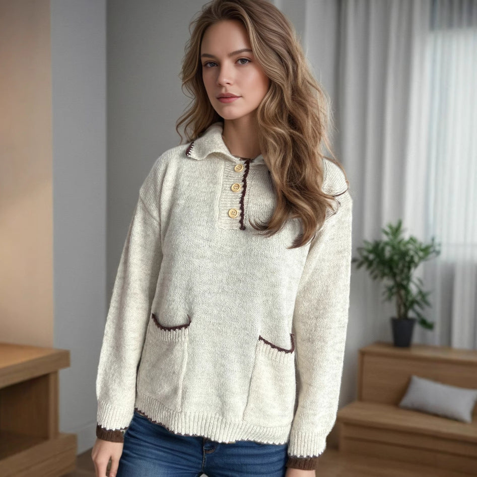 Damen Pullover mit kontrastierendem Kragen und dekorativen Knöpfen R&B