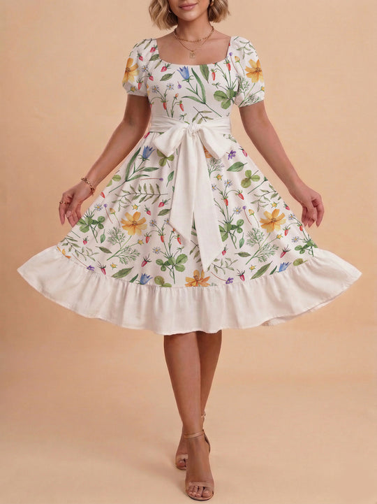 Damen modernes Blumenkleid mit elegantem Taillengürtel und asymmetrischem Saum R&B