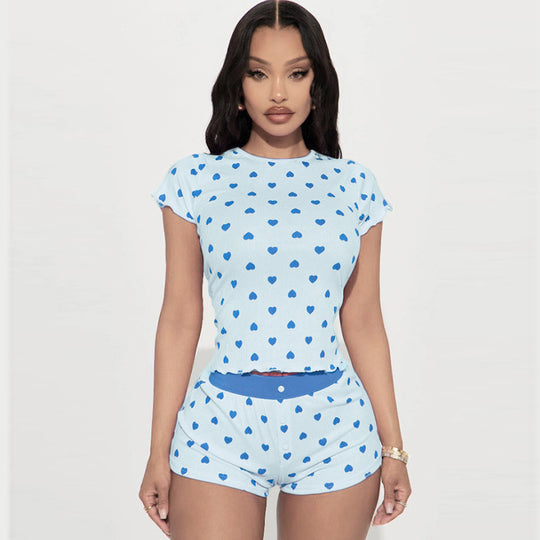 Damen Pyjama Set mit herzförmigem Muster und elastischem Bund R&B