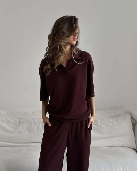 Damen elegantes Set mit übergroßem Kragen und weiten Hosen R&B