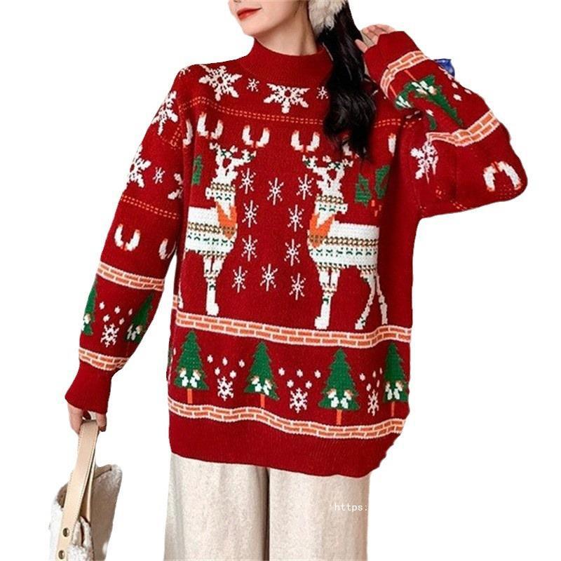 Damen Festlicher Pullover mit 3D-Rentier-Motiv und Hochkragen R&B