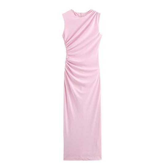 R&B | Einfarbiges Rundhalsausschnitt Ärmelloses Faltendes Slim Fit Kleid