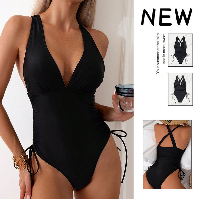 Damen Eleganter V-Ausschnitt Badeanzug mit seitlichen BindR&Bändern R&B
