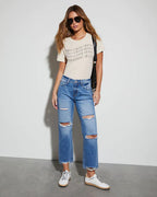 Damen High-Waist Jeans mit ausgefranstem Saum und Rissdetails