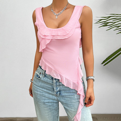 Damen asymmetrisches Rüschentop mit tiefem Ausschnitt und verführerischen Details R&B