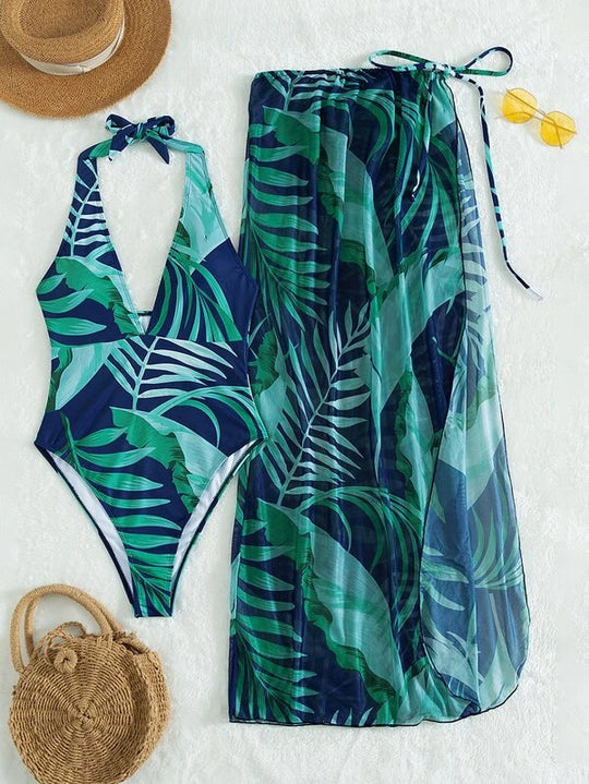 Damen Set aus einem einteiligen Badeanzug mit floralem Design und passendem Sarong R&B