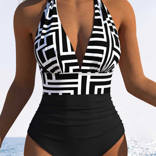 Damen Hochgeschnittener Badeanzug mit tiefem V-Ausschnitt und grafischem Design R&B