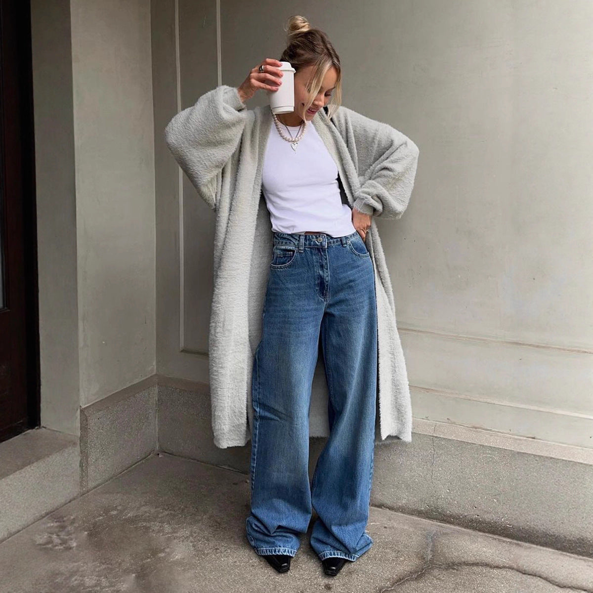Damen Längerer kuscheliger Cardigan mit weitem Schnitt R&B