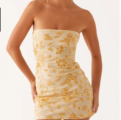 Damen Elegantes Bandeau-Minikleid mit floralem Pailletten-Design R&B