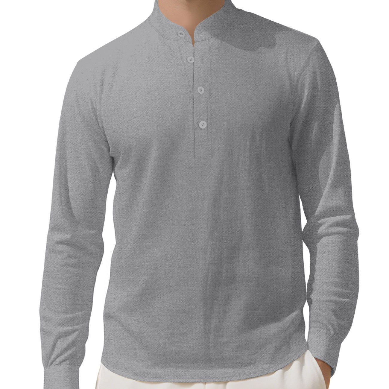 Herren Elegantes Langarmhemd mit Stehkragen und Knopfleiste R&B
