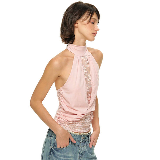 Damen elegantes Neckholder-Top mit transparenten Einsätzen und Raffung R&B
