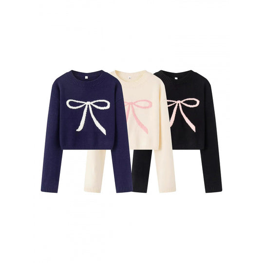 Damen Cropped Pullover mit verspieltem Schleifenmotiv R&B