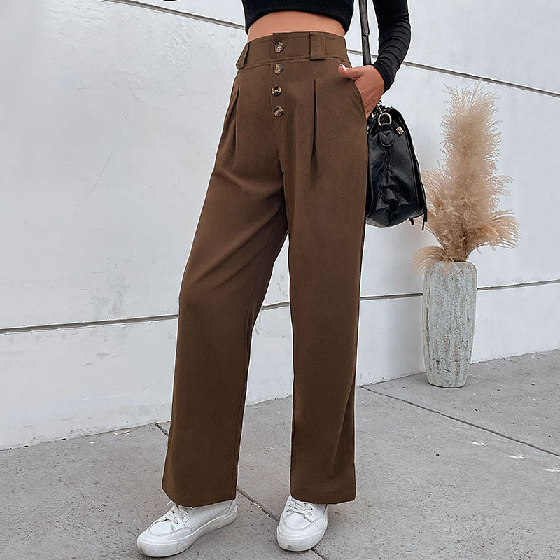 Damen weite Stoffhose mit dekorativen Knopfdetails und Faltenwurf R&B