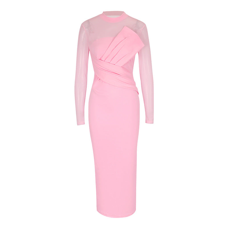 Damen Elegantes Langarm-Midi-Kleid mit raffinierter Drapierung und figurbetonter Silhouette R&B
