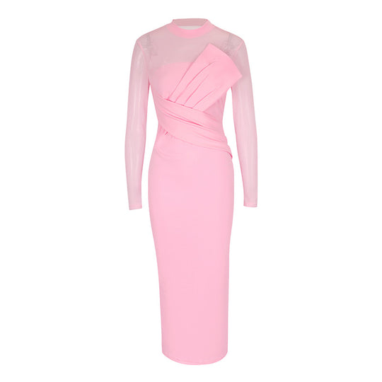 Damen Elegantes Langarm-Midi-Kleid mit raffinierter Drapierung und figurbetonter Silhouette R&B