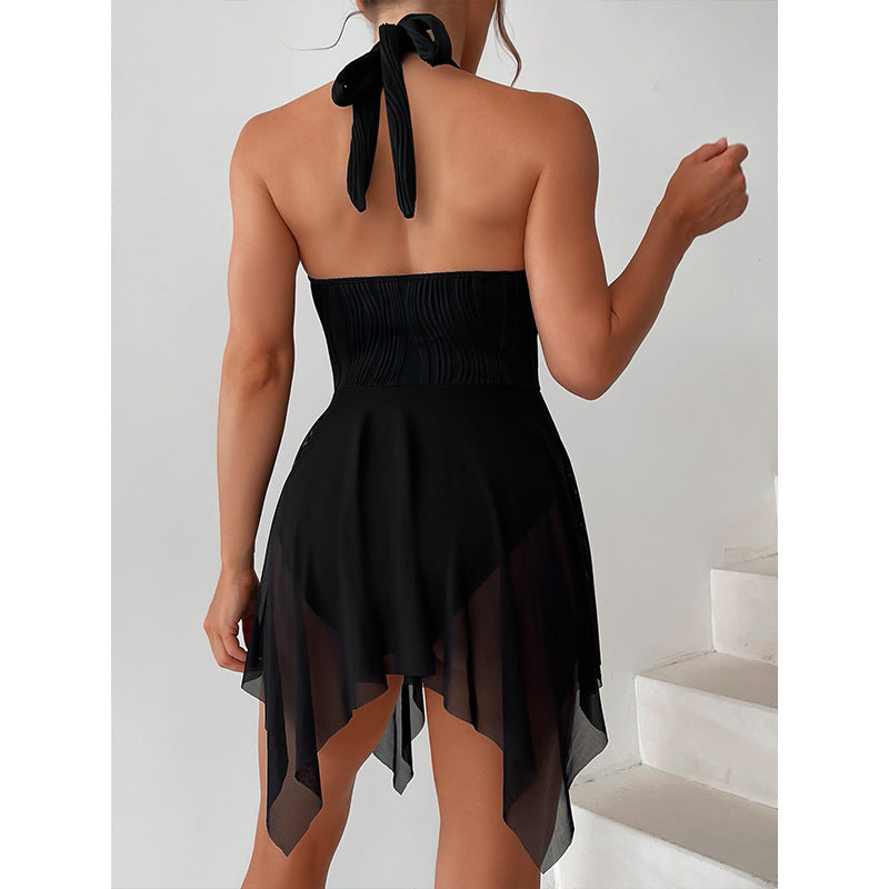 Damen Eleganter Wickel-Badeanzug mit tiefem V-Ausschnitt und Chiffonrock R&B