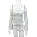 Damen Spitzenoberteil mit schulterfreiem Design und eleganten Trompetenärmeln