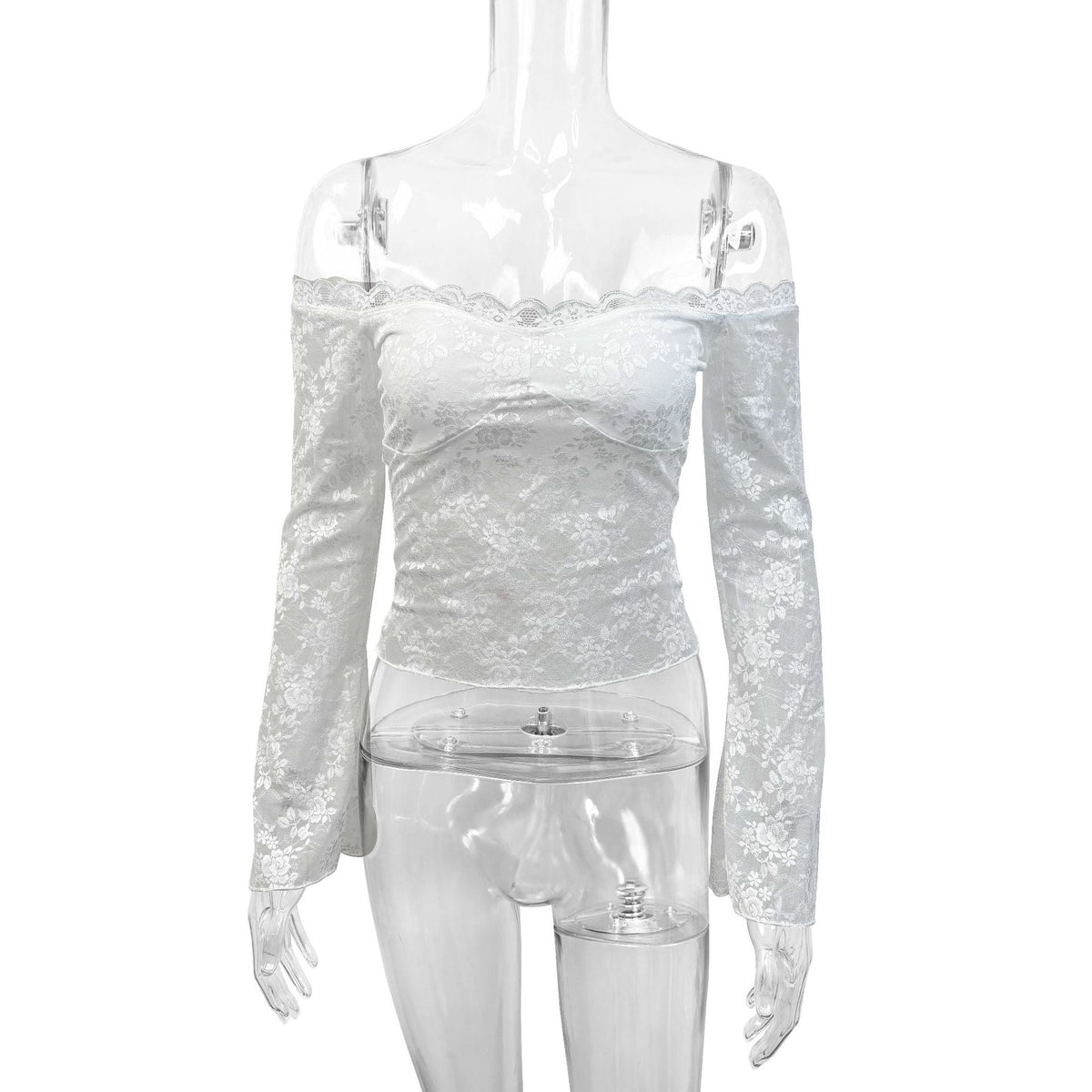 Damen Spitzenoberteil mit schulterfreiem Design und eleganten Trompetenärmeln