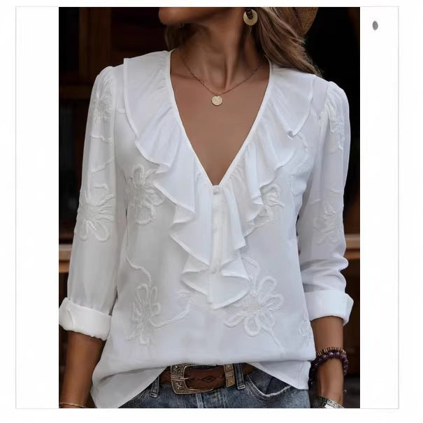 Damen elegante Bluse mit Volant und floralem Stickmuster R&B