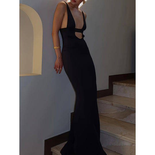 Damen figurbetontes Maxikleid mit tiefem V-Ausschnitt und elegantem Schlitz R&B