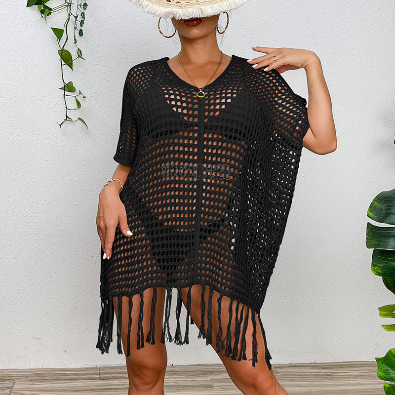 Damen Häkel-Strandtunika mit Fransen und transparentem Design R&B