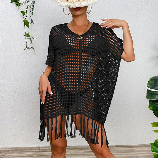 Damen Häkel-Strandtunika mit Fransen und transparentem Design R&B