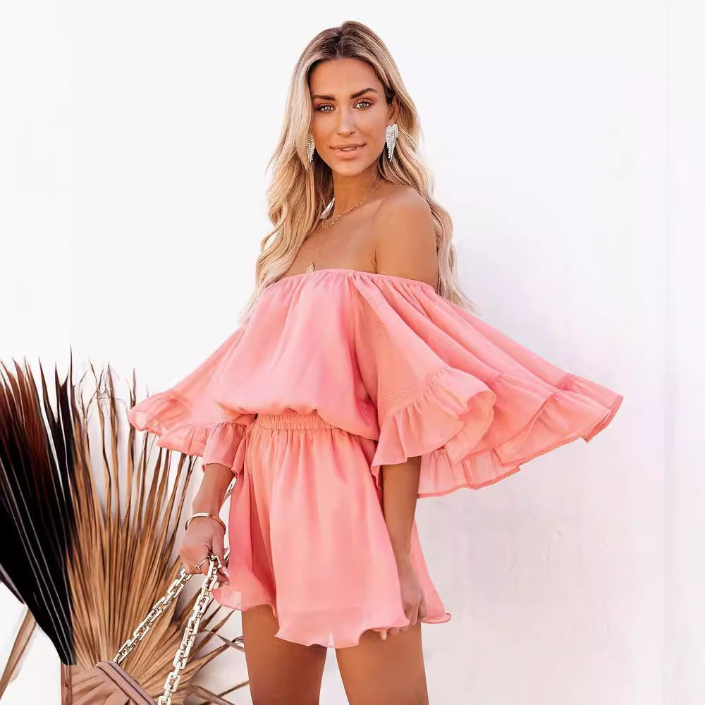 Damen Off-Shoulder Jumpsuit mit voluminösen Rüschensleeves R&B