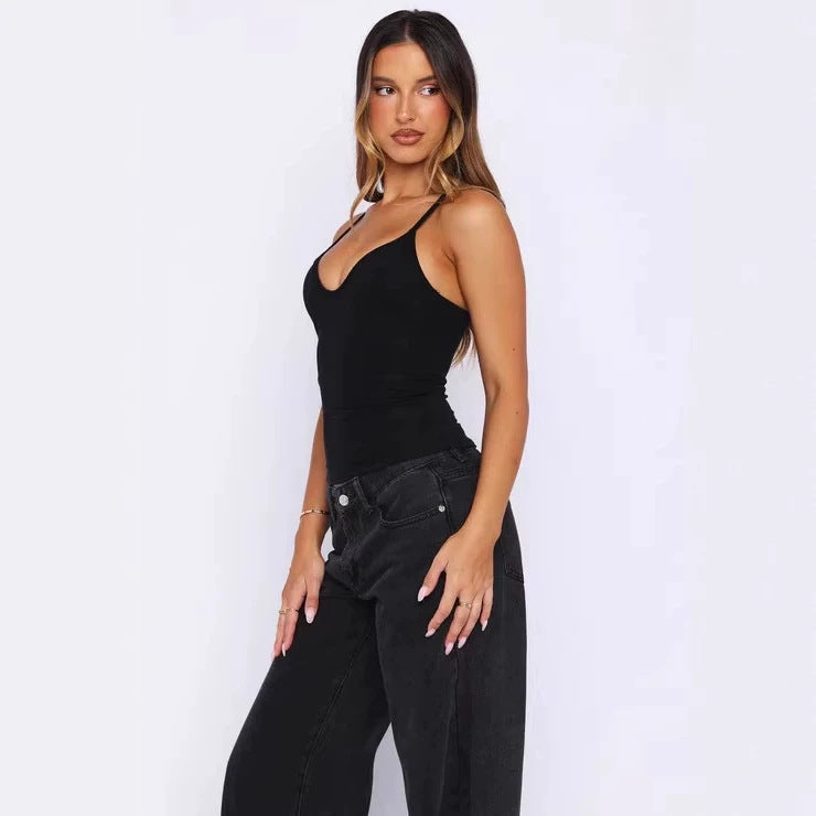 Damen Figurnahes Tanktop mit tiefem V-Ausschnitt und breiten Trägern R&B