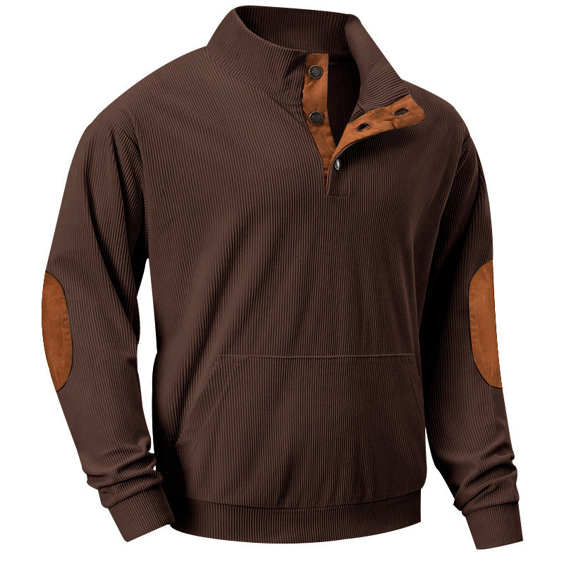 Herren nan geripptes Stehkragen-Sweatshirt mit Knopfleiste, Kängurutasche und Velours-Ellenbogenbesatz R&B