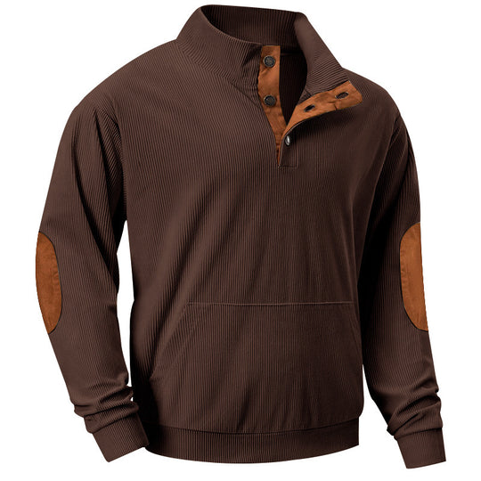 Herren nan geripptes Stehkragen-Sweatshirt mit Knopfleiste, Kängurutasche und Velours-Ellenbogenbesatz R&B