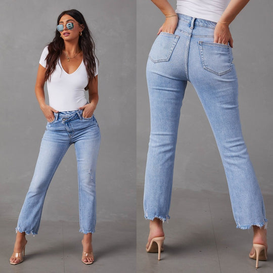 Damen Lässige Jeans mit fransigem Saum und modischen Destrukturelementen R&B