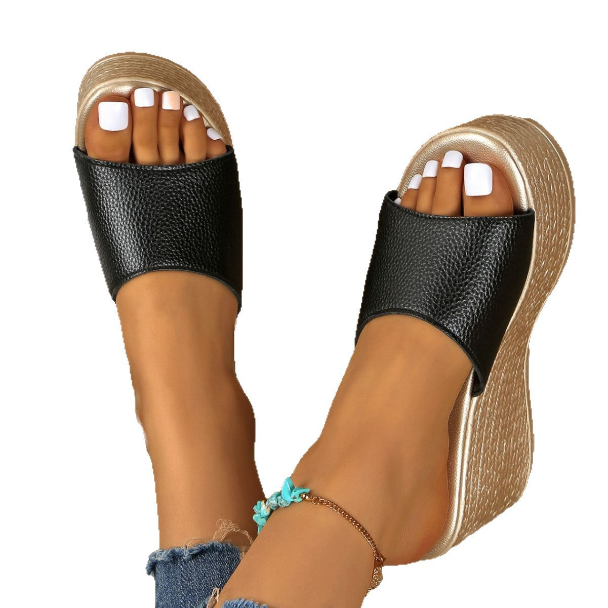 Damen modische Wedge Slides mit breitem Riemen und texturiertem Obermaterial R&B