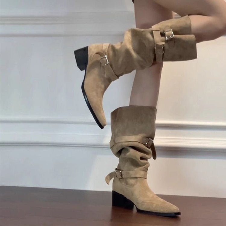 Damen Modische Overknee Stiefel mit verstellbaren Riemen und Blockabsatz R&B