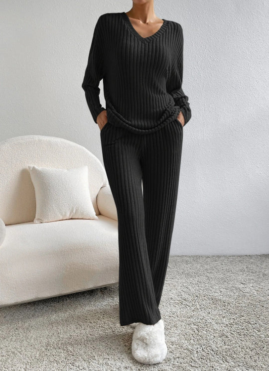 Damen Freizeit-Loungewear-Set aus weichem Rippstoff mit V-Ausschnitt R&B