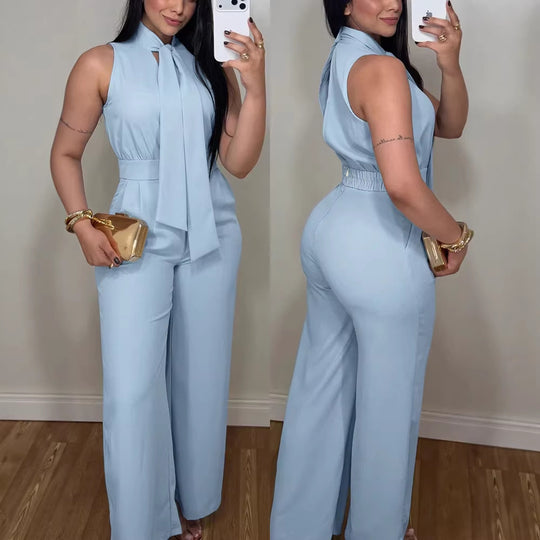 Damen eleganter Jumpsuit mit fließendem Schnitt und bindbarem Kragen R&B
