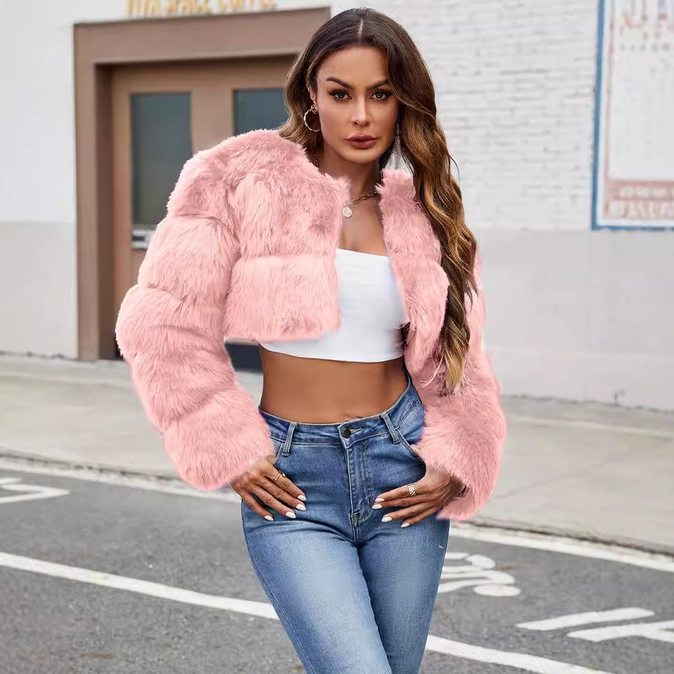 Damen Flauschige Kurzmantel aus Kunstfell mit puffartigen Ärmeln R&B