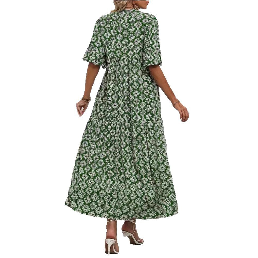 Damen nan luftiges Maxikleid mit geometrischem Ethno-Print, gerafftem Stufenrock und Schlüssel-Ausschnitt R&B