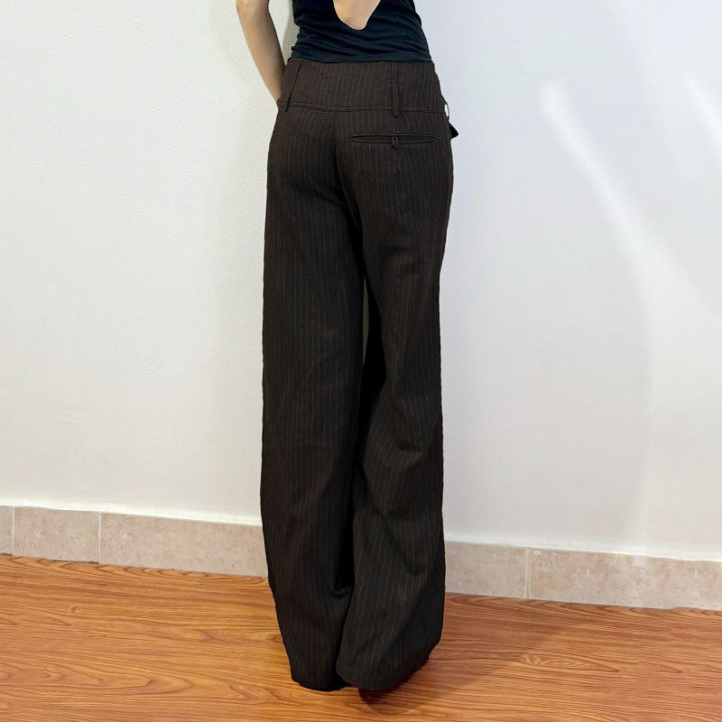 Damen Elegante weit geschnittene Streifenhose mit hoch sitzendem Bund und dekorativen Knopfdetails R&B
