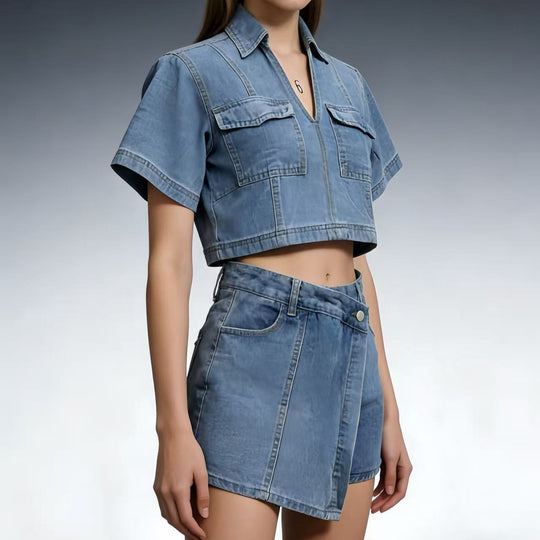 Damen modisches cropped Hemd mit aufgesetzten Taschen und lässigen Shorts R&B