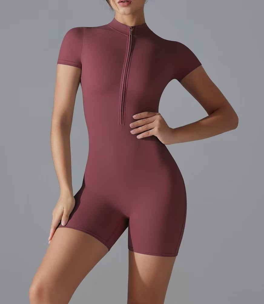 Damen Sportliche Kurzarm-Jumpsuit mit Reißverschluss R&B