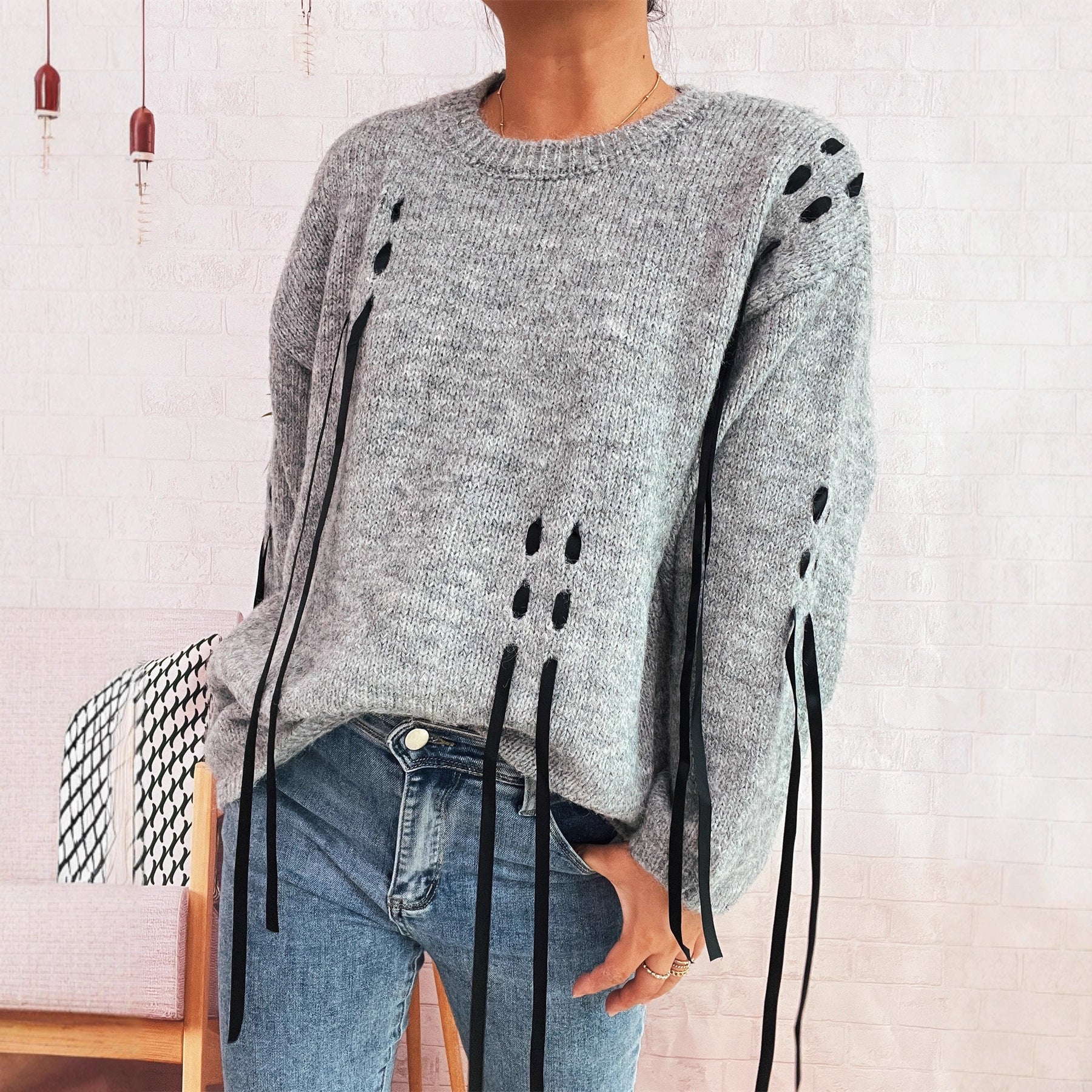 Damen modischer Oversize-Pullover mit einzigartigen Schnürdetails R&B
