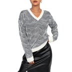 Damen Strickpullover mit Wellenmuster und V-Ausschnitt R&B