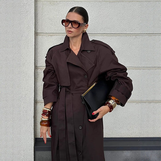 Damen modischer Trenchcoat mit Gürtel und voluminösen Ärmeln R&B