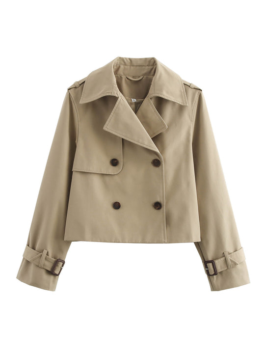 Damen cropped Trenchjacke mit doppelter Knopfleiste und verstellbaren Ärmeln R&B