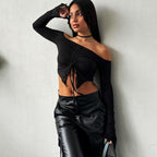 Damen Kapuzen Crop-Oberteil mit weitem Ärmel und Kordelzug EB