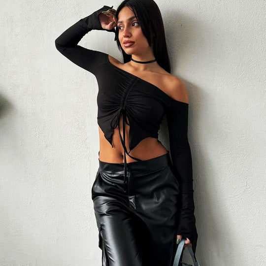 Damen Kapuzen Crop-Oberteil mit weitem Ärmel und Kordelzug R&B